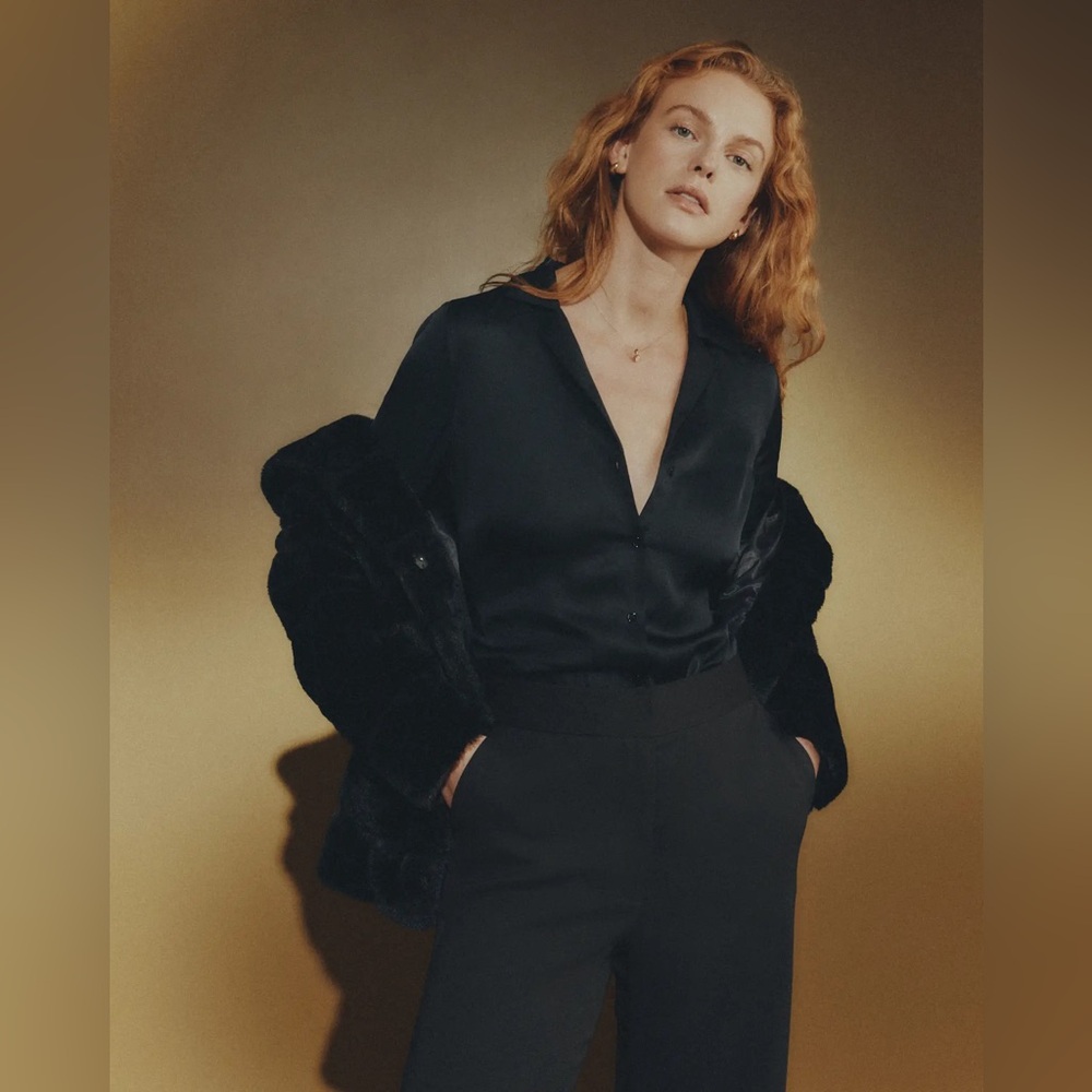 Quince Washable Stretch Silk Notch Collar Blouse - Black